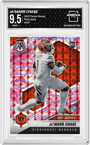 Ja'Marr Chase from the 2021 Panini Mosaic set featuring a Pink Camo parallel graded by Arena Club and given an overall grade of 9.5.