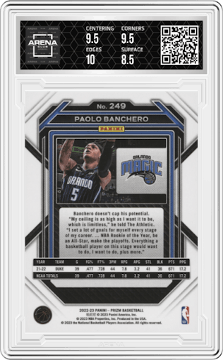 Paolo Banchero from the 2022-23 Panini Prizm  set graded by Arena Club and given an overall grade of 9.