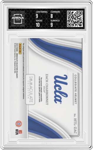 Zach Charbonnet from the 2023 Panini Immaculate Collection Collegiate set graded by Arena Club and given an overall grade of 8.5.