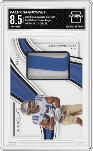 Zach Charbonnet from the 2023 Panini Immaculate Collection Collegiate set graded by Arena Club and given an overall grade of 8.5.
