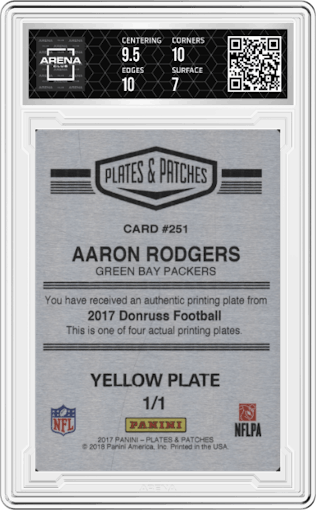 Aaron Rodgers from the 2017 Panini Plates & Patches set featuring a Yellow Printing Plate parallel graded by Arena Club and given an overall grade of 7.5.