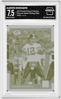 Aaron Rodgers from the 2017 Panini Plates & Patches set featuring a Yellow Printing Plate parallel graded by Arena Club and given an overall grade of 7.5.