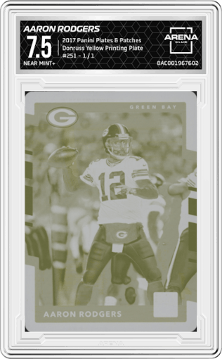 Aaron Rodgers from the 2017 Panini Plates & Patches set featuring a Yellow Printing Plate parallel graded by Arena Club and given an overall grade of 7.5.