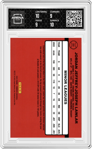 Jordan Lawlar from the 2023 Donruss set featuring a Orange Holo parallel graded by Arena Club and given an overall grade of 9.5.