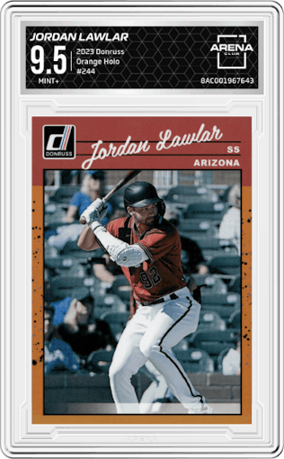 Jordan Lawlar from the 2023 Donruss set featuring a Orange Holo parallel graded by Arena Club and given an overall grade of 9.5.