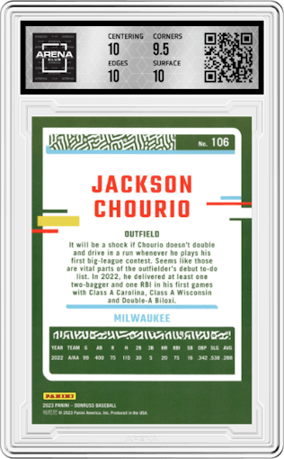Jackson Chourio from the 2023 Donruss set featuring a Red Holo parallel graded by Arena Club and given an overall grade of 10.
