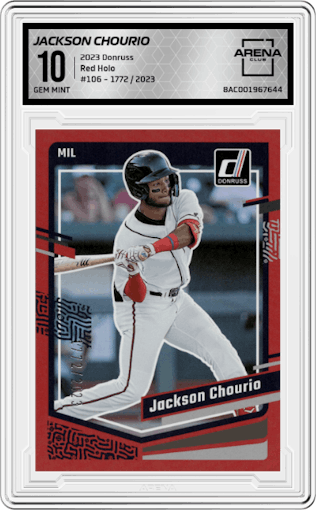 Jackson Chourio from the 2023 Donruss set featuring a Red Holo parallel graded by Arena Club and given an overall grade of 10.