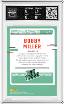 Bobby Miller from the 2023 Donruss set graded by Arena Club and given an overall grade of 9.