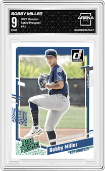 Bobby Miller from the 2023 Donruss set graded by Arena Club and given an overall grade of 9.