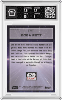 Boba Fett from the 2022 Topps Chrome Star Wars Galaxy set featuring a Refractor parallel graded by Arena Club and given an overall grade of 9.5.
