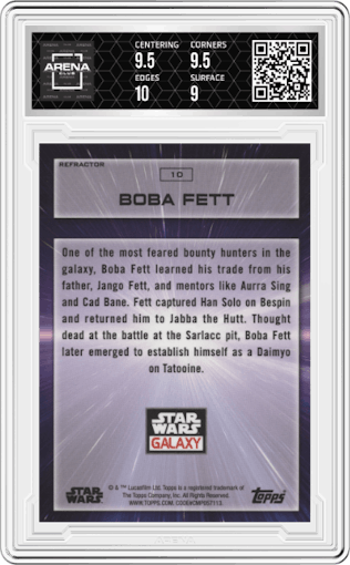 Boba Fett from the 2022 Topps Chrome Star Wars Galaxy set featuring a Refractor parallel graded by Arena Club and given an overall grade of 9.5.