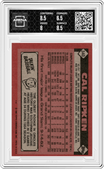Cal Ripken from the 1986 Topps set graded by Arena Club and given an overall grade of 7.