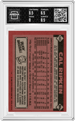 Cal Ripken from the 1986 Topps set graded by Arena Club and given an overall grade of 7.