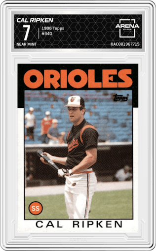 Cal Ripken from the 1986 Topps set graded by Arena Club and given an overall grade of 7.