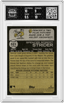 Spencer Strider from the 2022 Topps Heritage High Number set graded by Arena Club and given an overall grade of 9.5.