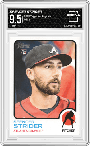 Spencer Strider from the 2022 Topps Heritage High Number set graded by Arena Club and given an overall grade of 9.5.