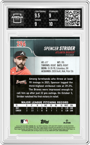Spencer Strider from the 2022 Topps Stadium Club set graded by Arena Club and given an overall grade of 9.5.