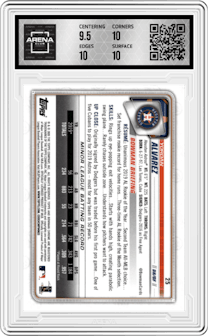 Yordan Alvarez from the 2020 Bowman Chrome set graded by Arena Club and given an overall grade of 10.