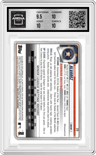 Yordan Alvarez from the 2020 Bowman Chrome set graded by Arena Club and given an overall grade of 10.