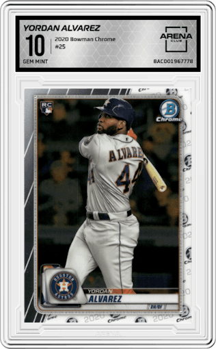 Yordan Alvarez from the 2020 Bowman Chrome set graded by Arena Club and given an overall grade of 10.