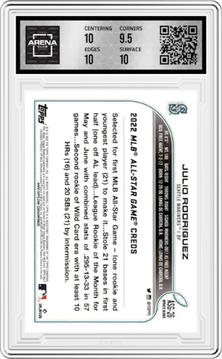 Julio Rodriguez from the 2022 Topps Update  set graded by Arena Club and given an overall grade of 10.