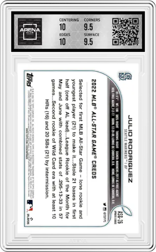 Julio Rodriguez from the 2022 Topps Update  set graded by Arena Club and given an overall grade of 10.