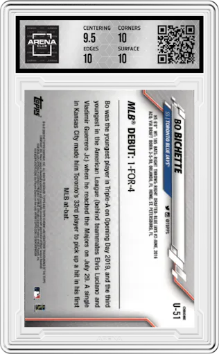 Bo Bichette from the 2020 Topps Chrome Update    set graded by Arena Club and given an overall grade of 10.