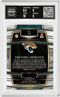 Trevor Lawrence from the 2021 Panini Select set graded by Arena Club and given an overall grade of 9.