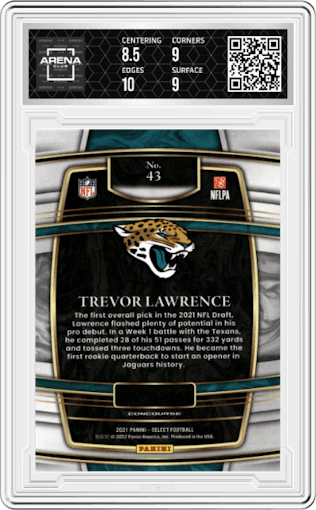 Trevor Lawrence from the 2021 Panini Select set graded by Arena Club and given an overall grade of 9.