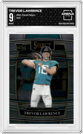 Trevor Lawrence from the 2021 Panini Select set graded by Arena Club and given an overall grade of 9.