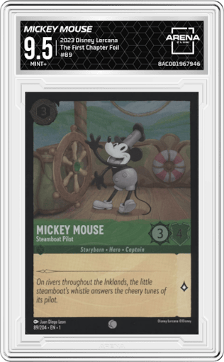 Mickey Mouse Steamboat Pilot from the 2023 Disney Lorcana set featuring a Foil parallel graded by Arena Club and given an overall grade of 9.5.