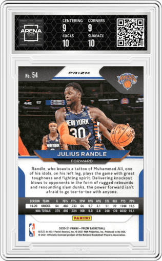 Julius Randle from the 2020-21 Panini Prizm set featuring a Pink Ice parallel graded by Arena Club and given an overall grade of 9.5.