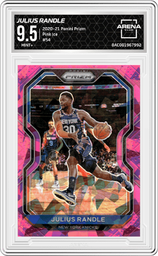 Julius Randle from the 2020-21 Panini Prizm set featuring a Pink Ice parallel graded by Arena Club and given an overall grade of 9.5.