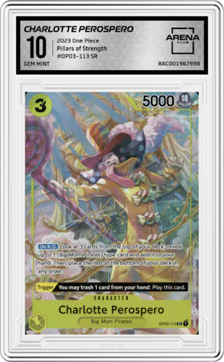 Charlotte Perospero from the 2023 One Piece set graded by Arena Club and given an overall grade of 10.