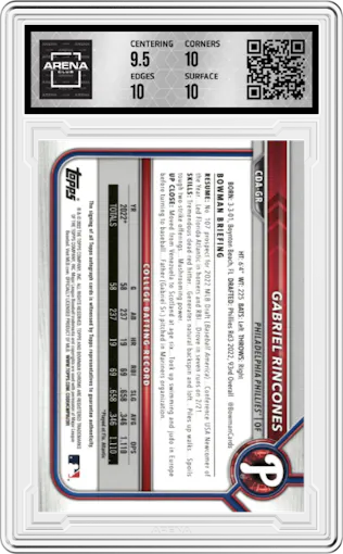 Gabriel Rincones from the 2022 Bowman Draft set featuring a Blue parallel graded by Arena Club and given an overall grade of 10.