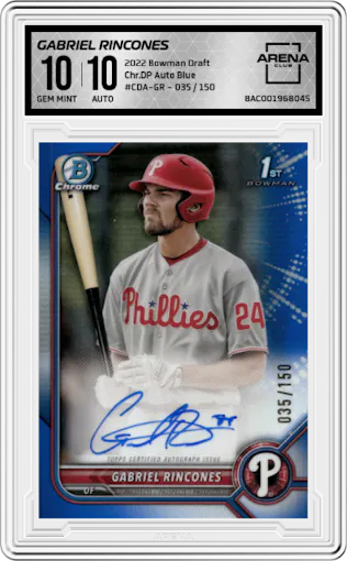 Gabriel Rincones from the 2022 Bowman Draft set featuring a Blue parallel graded by Arena Club and given an overall grade of 10.