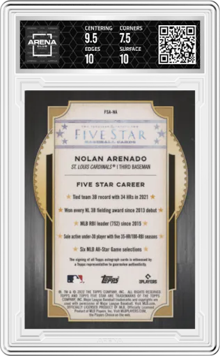 Nolan Arenado from the 2022 Topps Five Star set graded by Arena Club and given an overall grade of 8.