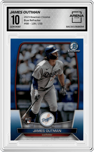 James Outman from the 2023 Bowman Chrome set featuring a Blue Refractor parallel graded by Arena Club and given an overall grade of 10.