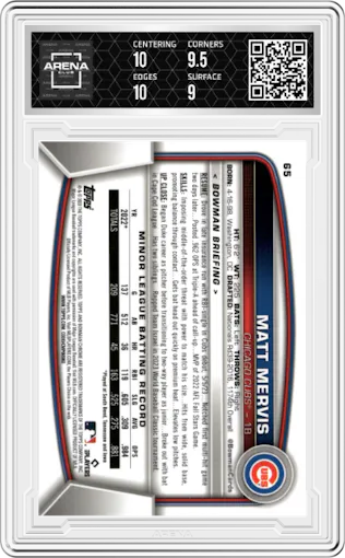 Matt Mervis from the 2023 Bowman Chrome set graded by Arena Club and given an overall grade of 9.5.