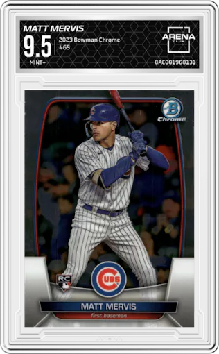 Matt Mervis from the 2023 Bowman Chrome set graded by Arena Club and given an overall grade of 9.5.