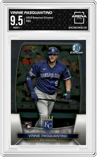 Vinnie Pasquantino from the 2023 Bowman Chrome set graded by Arena Club and given an overall grade of 9.5.