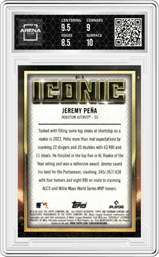 Jeremy Pena from the 2023 Bowman Chrome set graded by Arena Club and given an overall grade of 9.