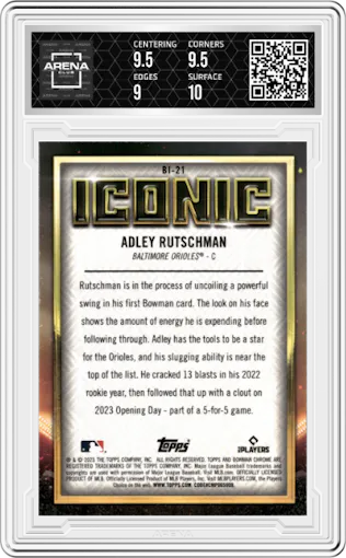 Adley Rutschman from the 2023 Bowman Chrome set graded by Arena Club and given an overall grade of 9.5.