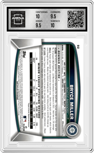 Bryce Miller from the 2023 Bowman Chrome set graded by Arena Club and given an overall grade of 10.