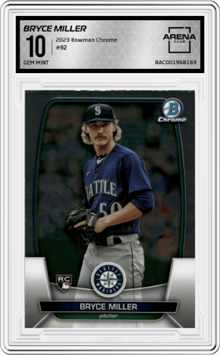 Bryce Miller from the 2023 Bowman Chrome set graded by Arena Club and given an overall grade of 10.