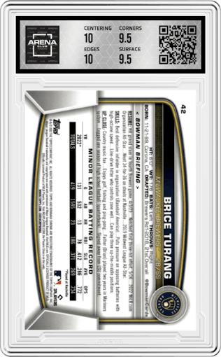 Brice Turang from the 2023 Bowman Chrome set graded by Arena Club and given an overall grade of 10.