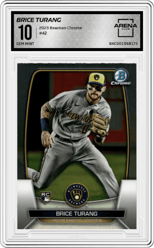 Brice Turang from the 2023 Bowman Chrome set graded by Arena Club and given an overall grade of 10.