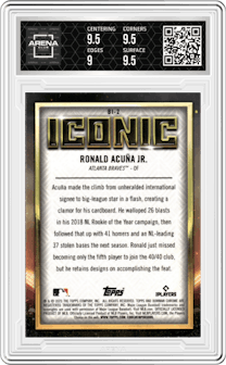Ronald Acuna Jr from the 2023 Bowman Chrome set graded by Arena Club and given an overall grade of 9.5.