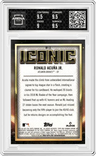 Ronald Acuna Jr from the 2023 Bowman Chrome set graded by Arena Club and given an overall grade of 9.5.