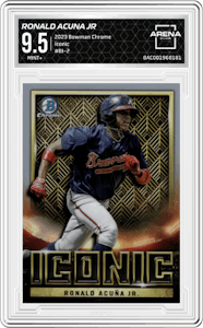 Ronald Acuna Jr from the 2023 Bowman Chrome set graded by Arena Club and given an overall grade of 9.5.